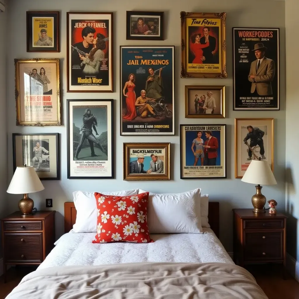 a photo of a vintage film gallery wall featuring classic movie posters in a nostalgic teen bedroom