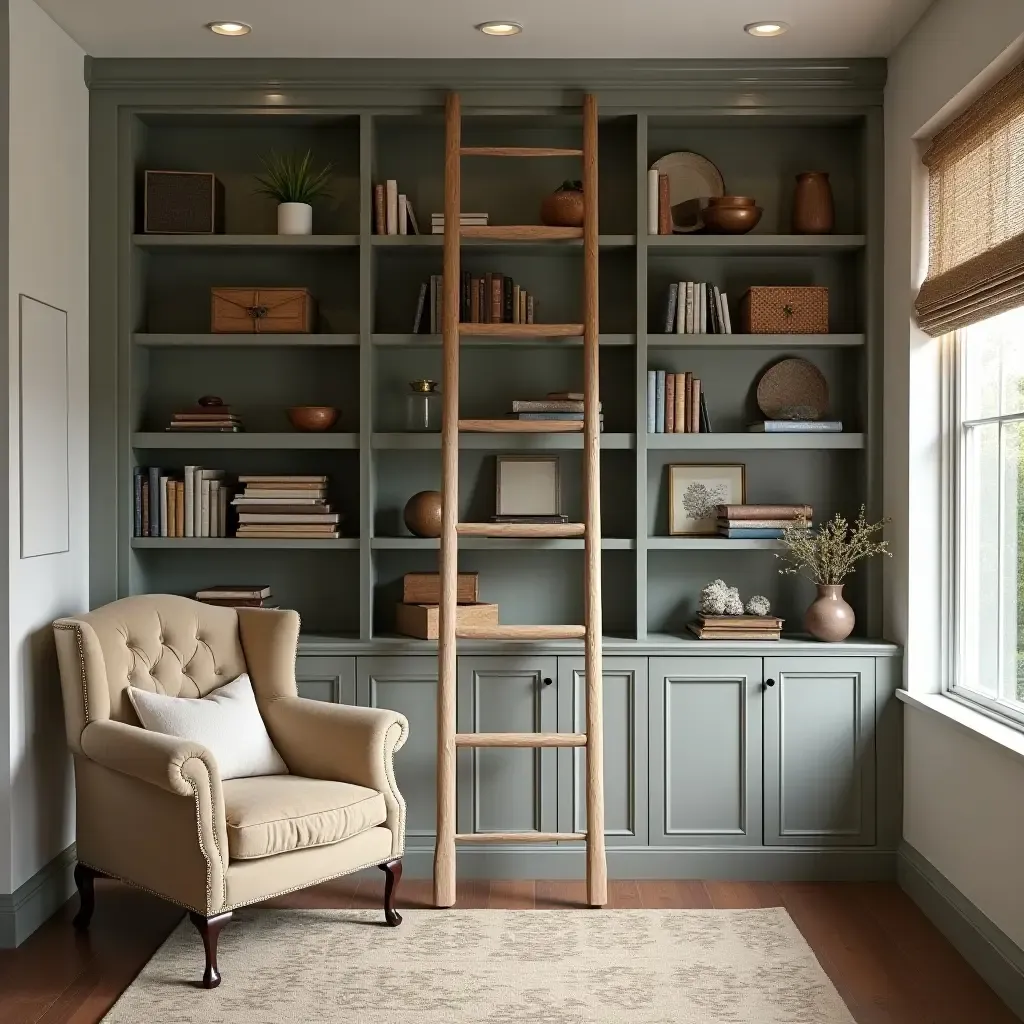 a photo of a farmhouse library with a decorative ladder and cozy elements