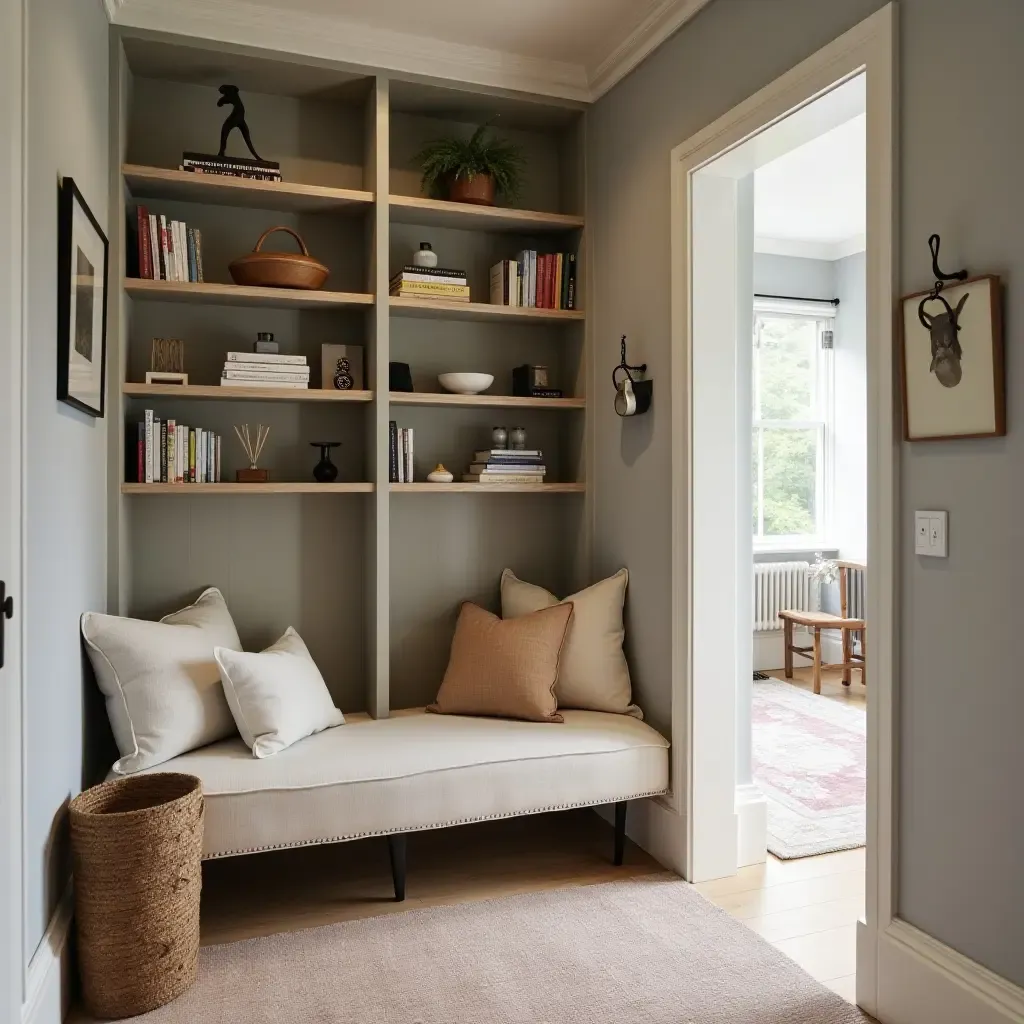 a photo of a charming entrance area with a cozy corner seat and bookshelves