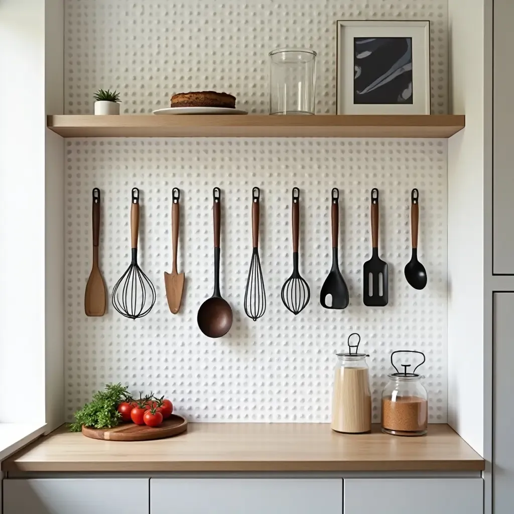 a photo of a stylish pegboard displaying kitchen tools and art