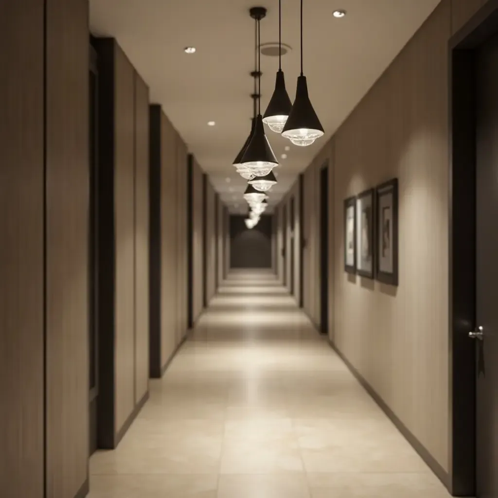 a photo of a modern corridor with sleek pendant lights hanging from the ceiling