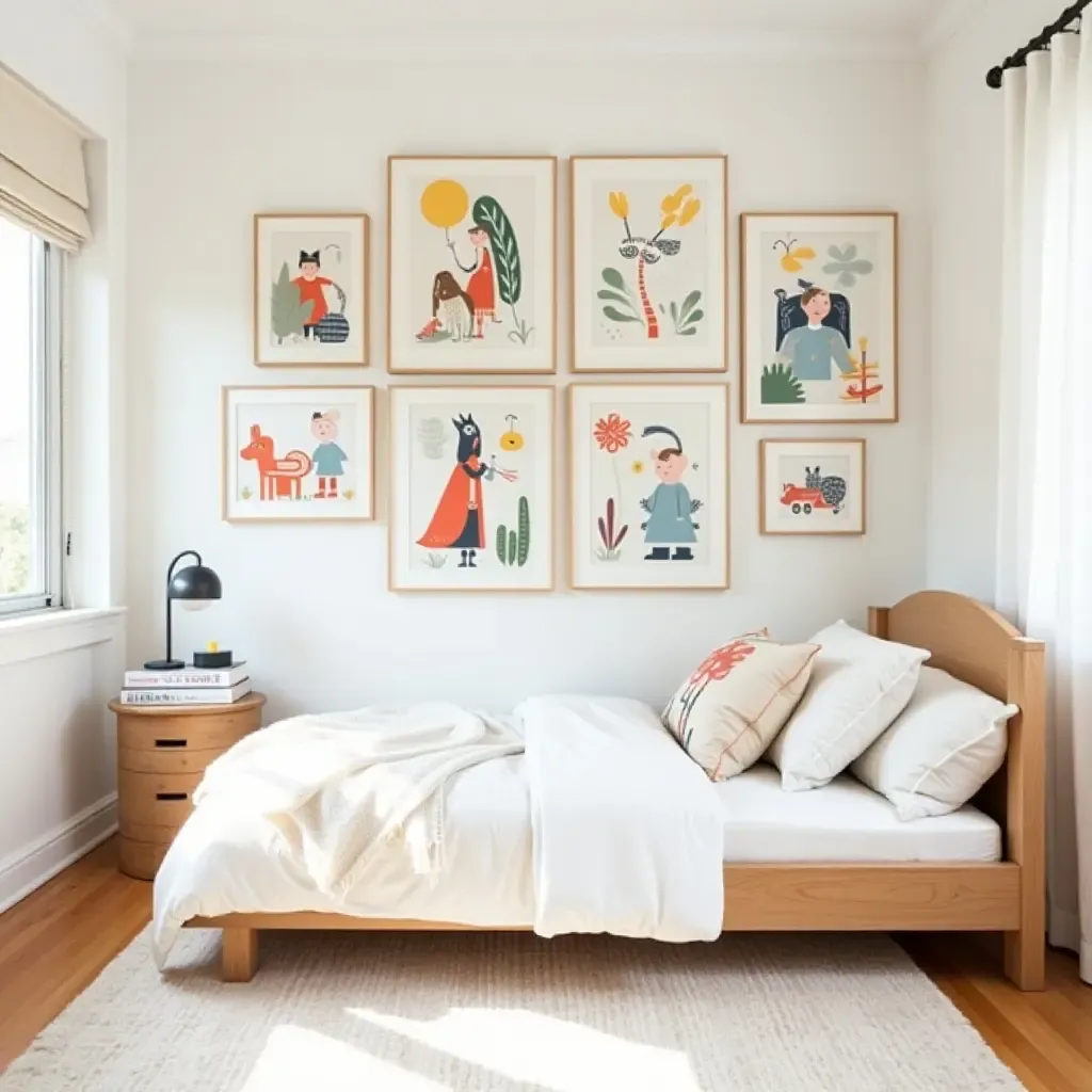 a photo of a playful children&#x27;s bedroom with a gallery wall of colorful illustrations