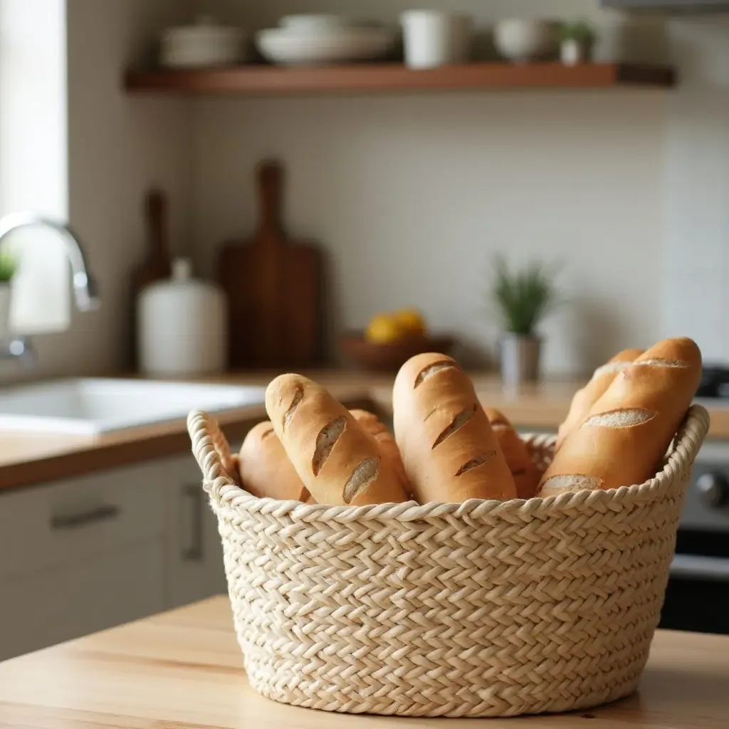 a photo of a kitchen featuring a handwoven basket for bread