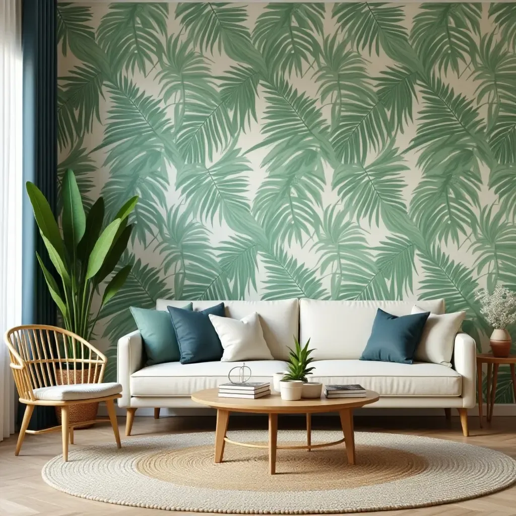 a photo of a tropical-themed living room with a palm leaf print accent wall