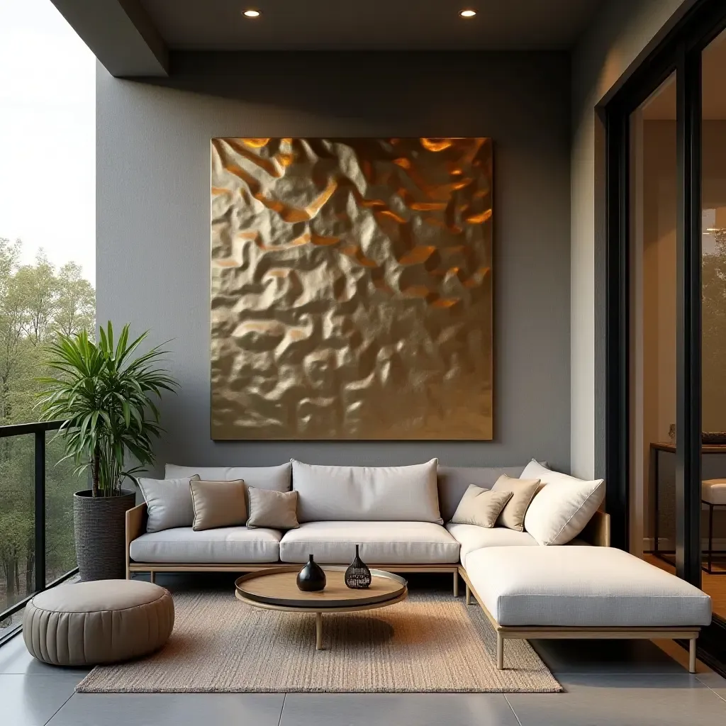 a photo of a balcony with metallic wall art and cozy seating