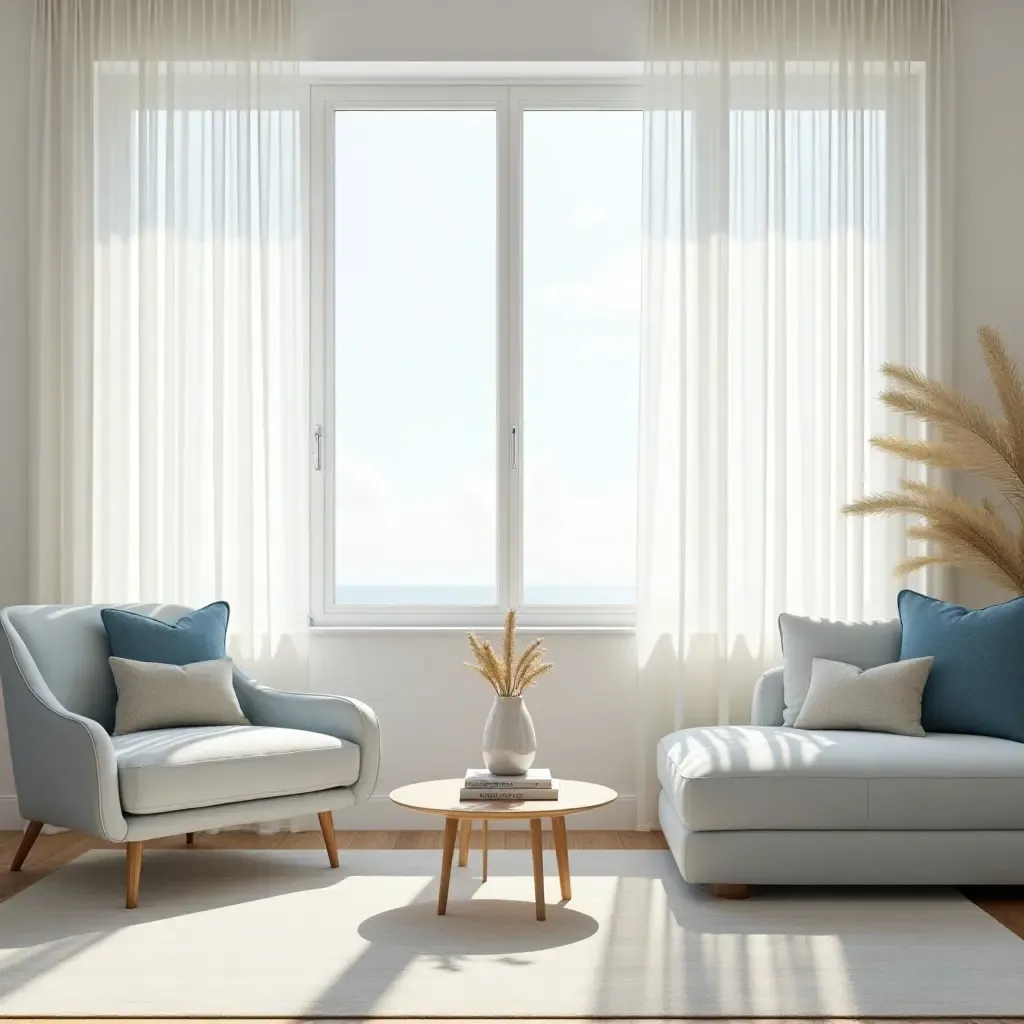 a photo of a bright cream and blue living room featuring large windows and sheer curtains