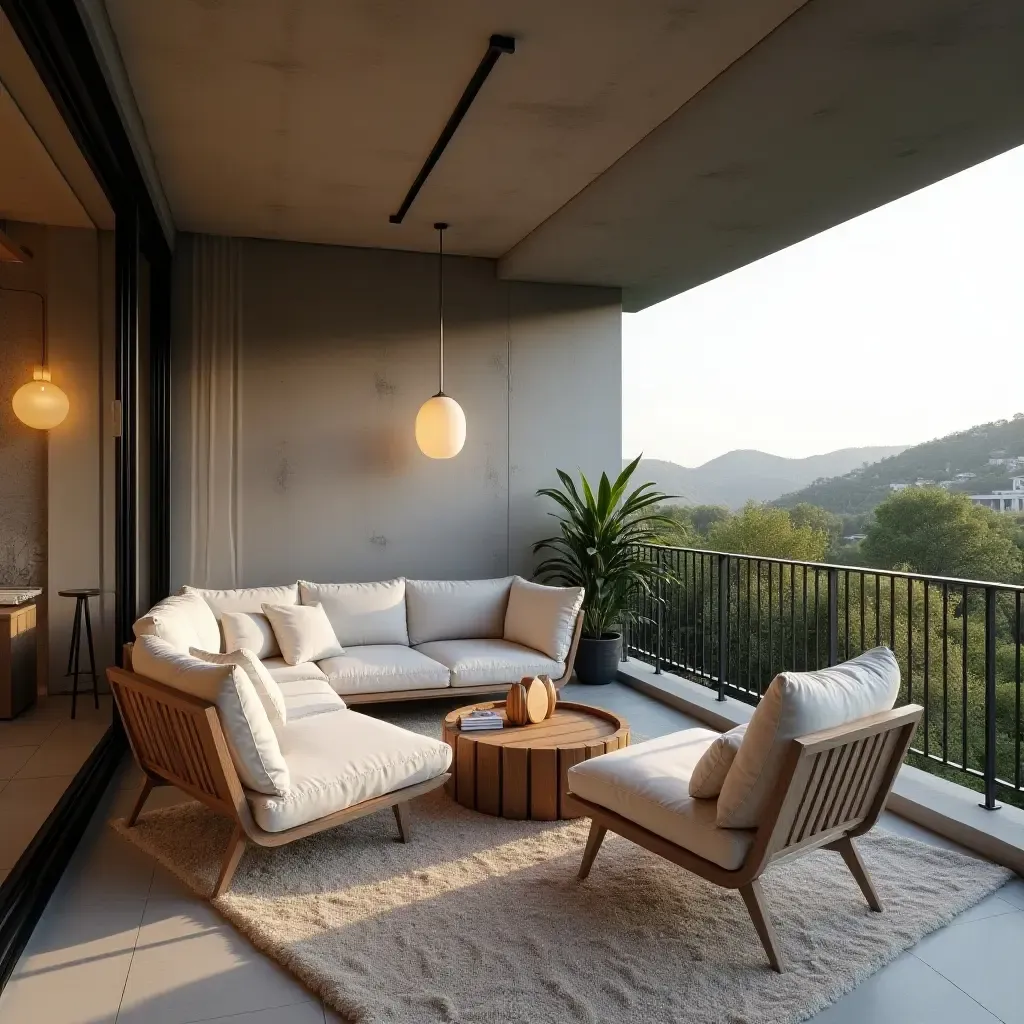 a photo of a balcony with a contemporary design and comfortable furniture