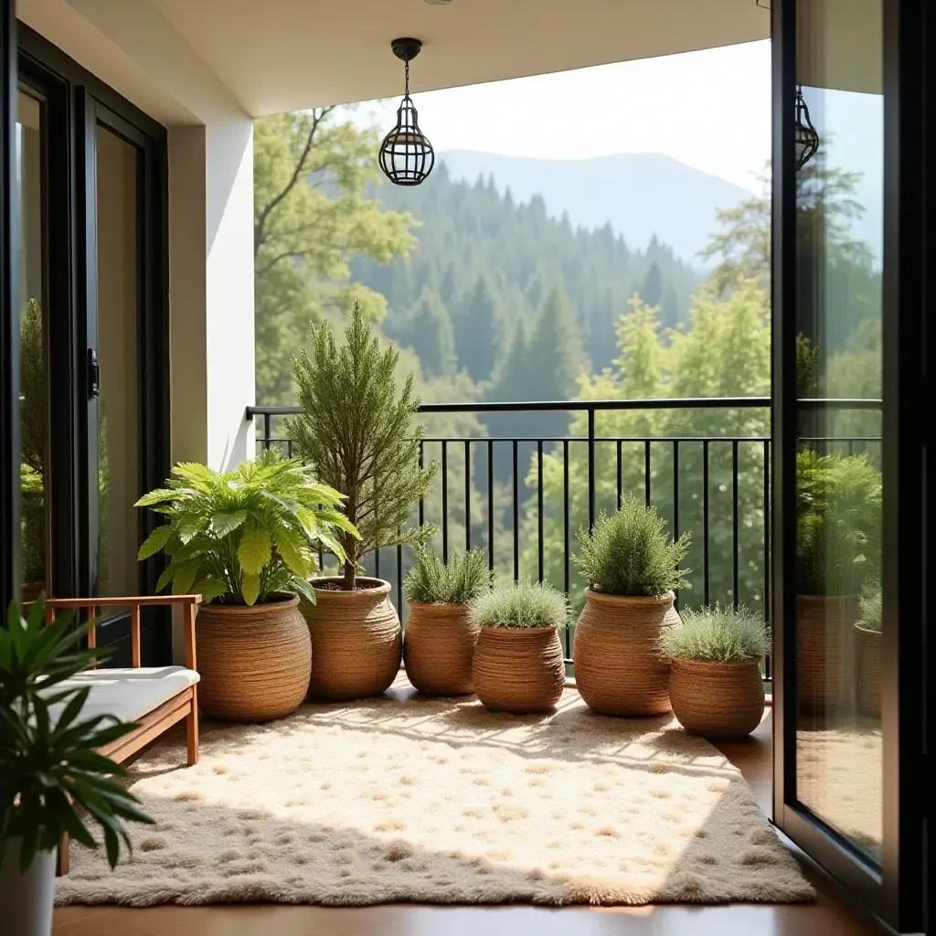 a photo of a balcony with woven baskets and a soft rug