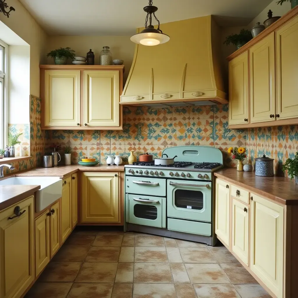 a photo of a vintage kitchen with a colorful backsplash and ceramic tiles