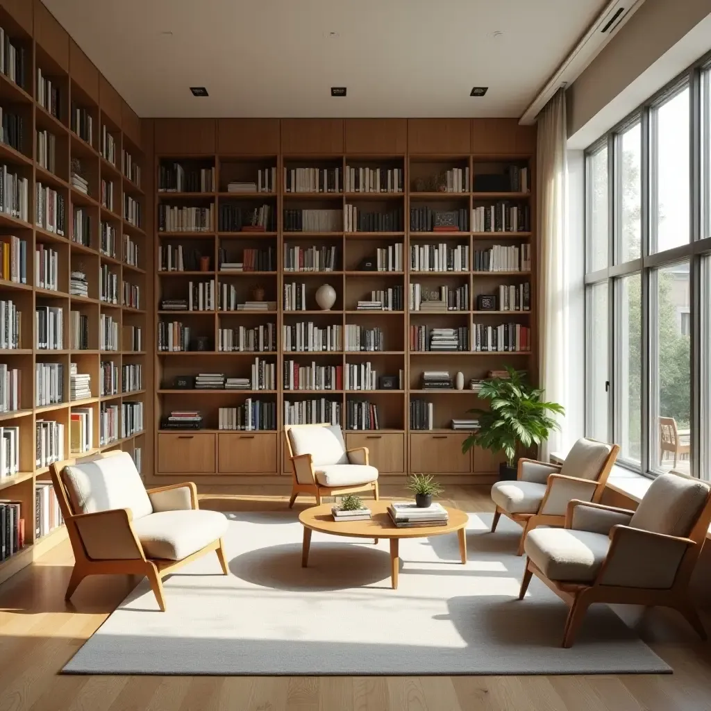 a photo of a library filled with natural light and Scandinavian design elements