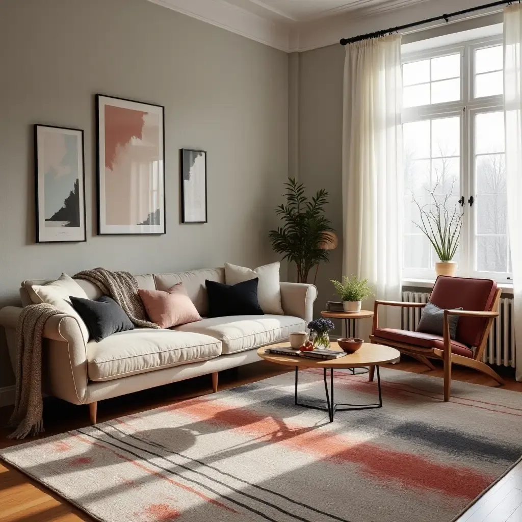 a photo of a living room featuring a bold industrial rug and cozy throws