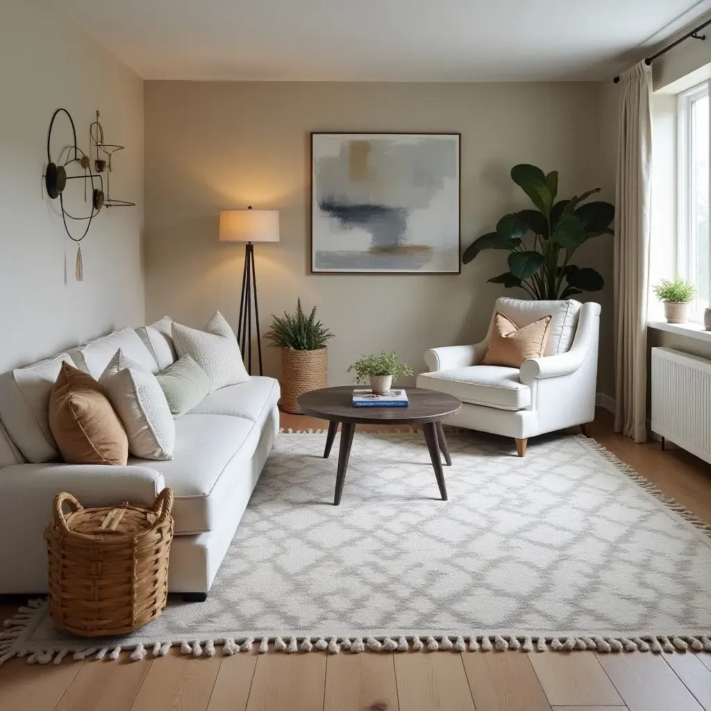 a photo of a layered rug arrangement adding depth to a basement