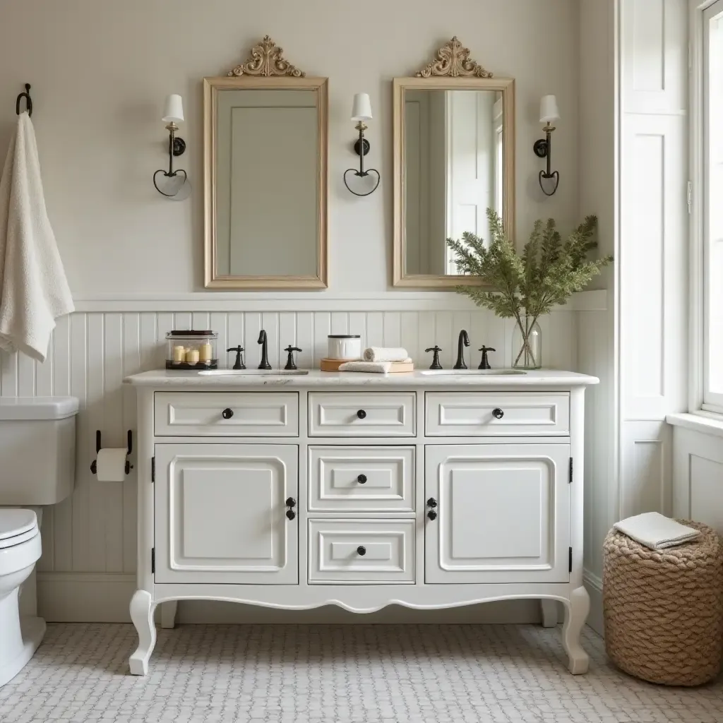 a photo of a chic bathroom with a vintage vanity and contemporary accessories