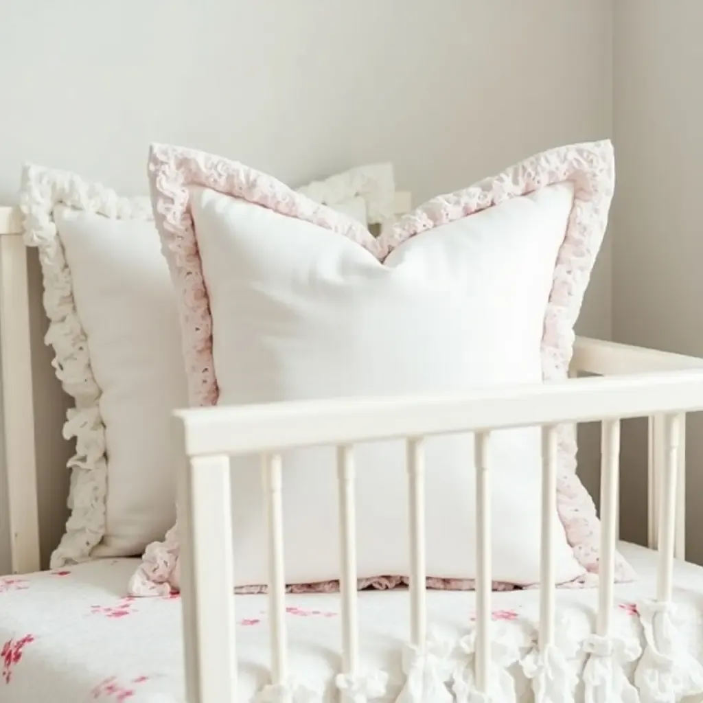 a photo of a vintage-inspired nursery with lace-trimmed throw pillows