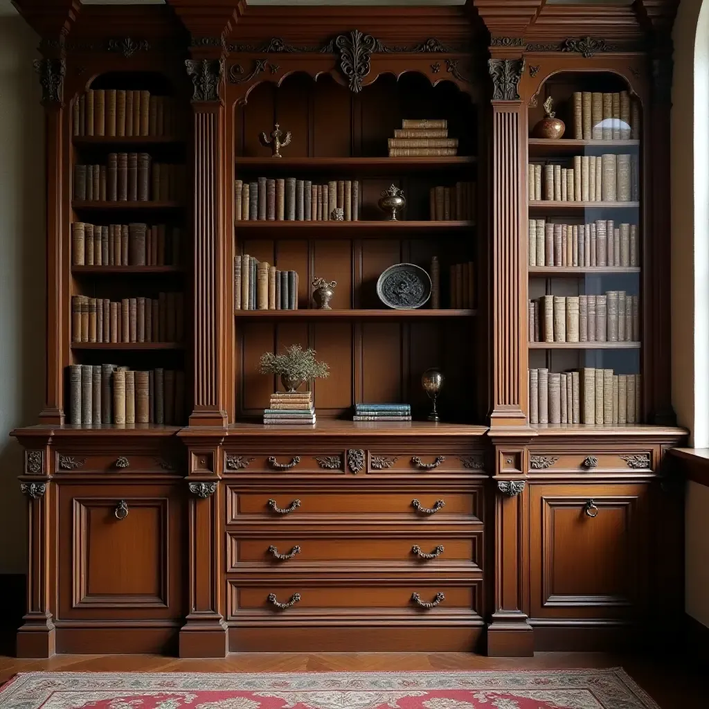 a photo of a vintage-style library with ornate cabinets and drawers