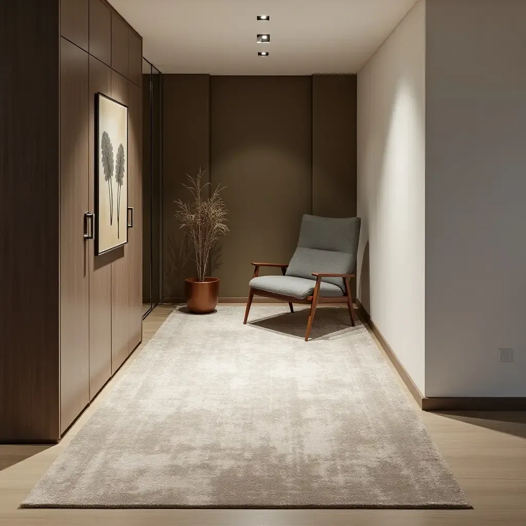 a photo of a sleek, modern rug with metallic accents in a basement