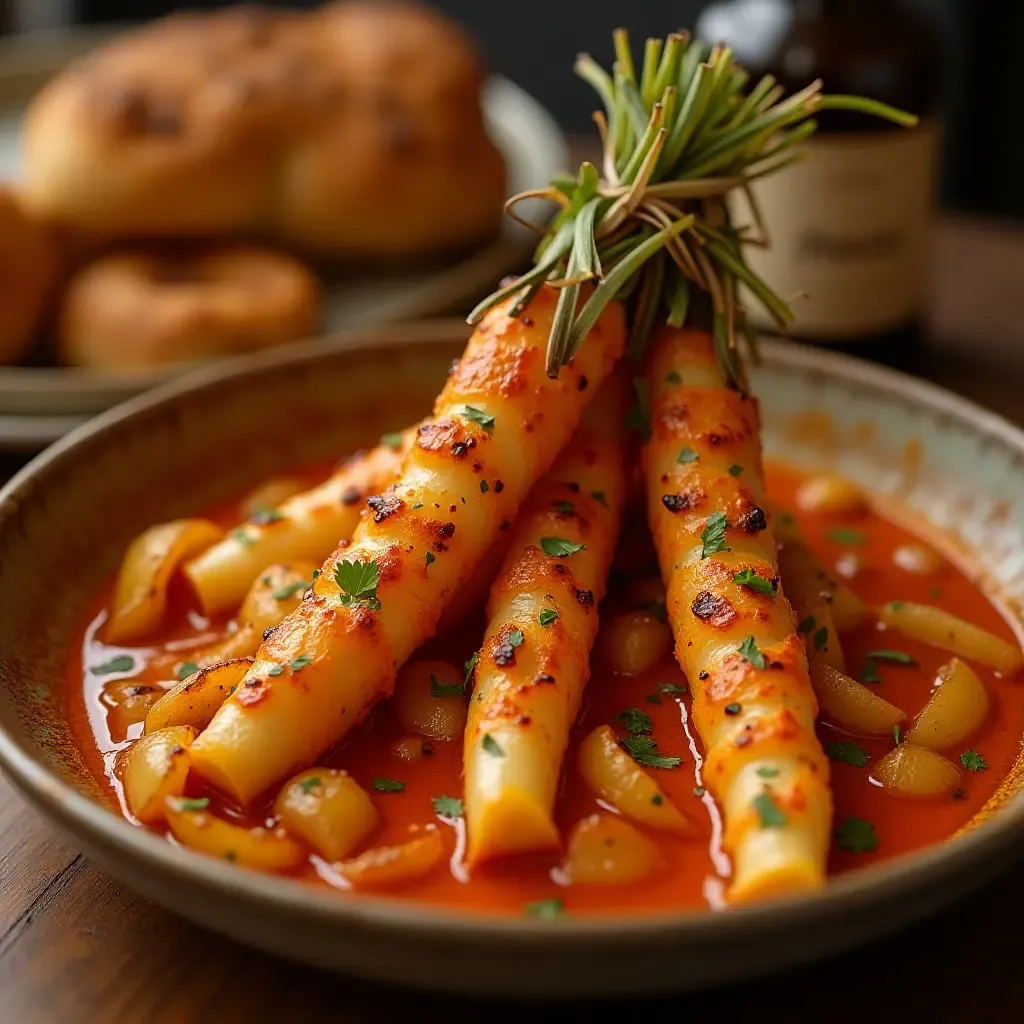 a photo of a traditional Catalan calçotada feast with grilled onions and romesco sauce.