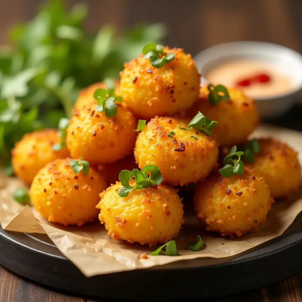 a photo of golden Thai corn fritters with fresh herbs and chili dip