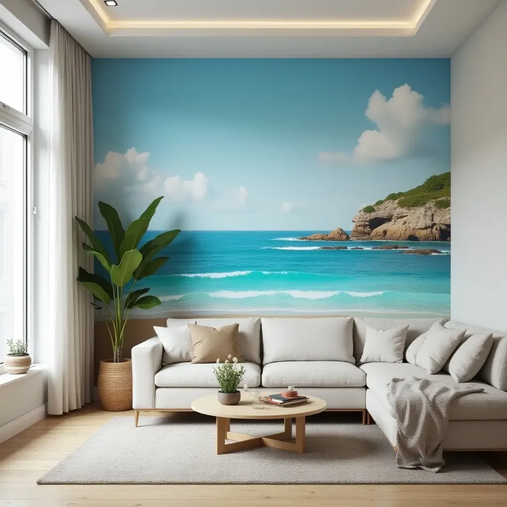 a photo of a living room with a large coastal-themed mural