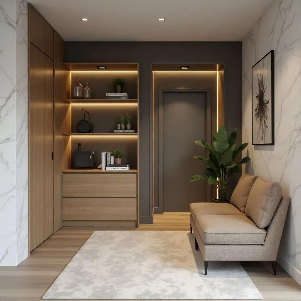 a photo of a contemporary entrance hall with modular shelving and a seating area