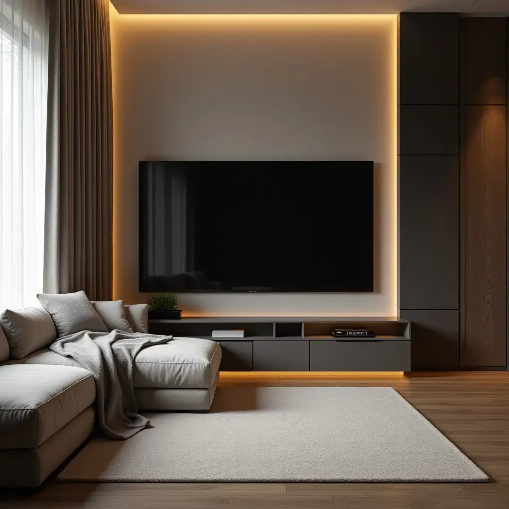 a photo of a corner TV surrounded by a stylish sectional sofa