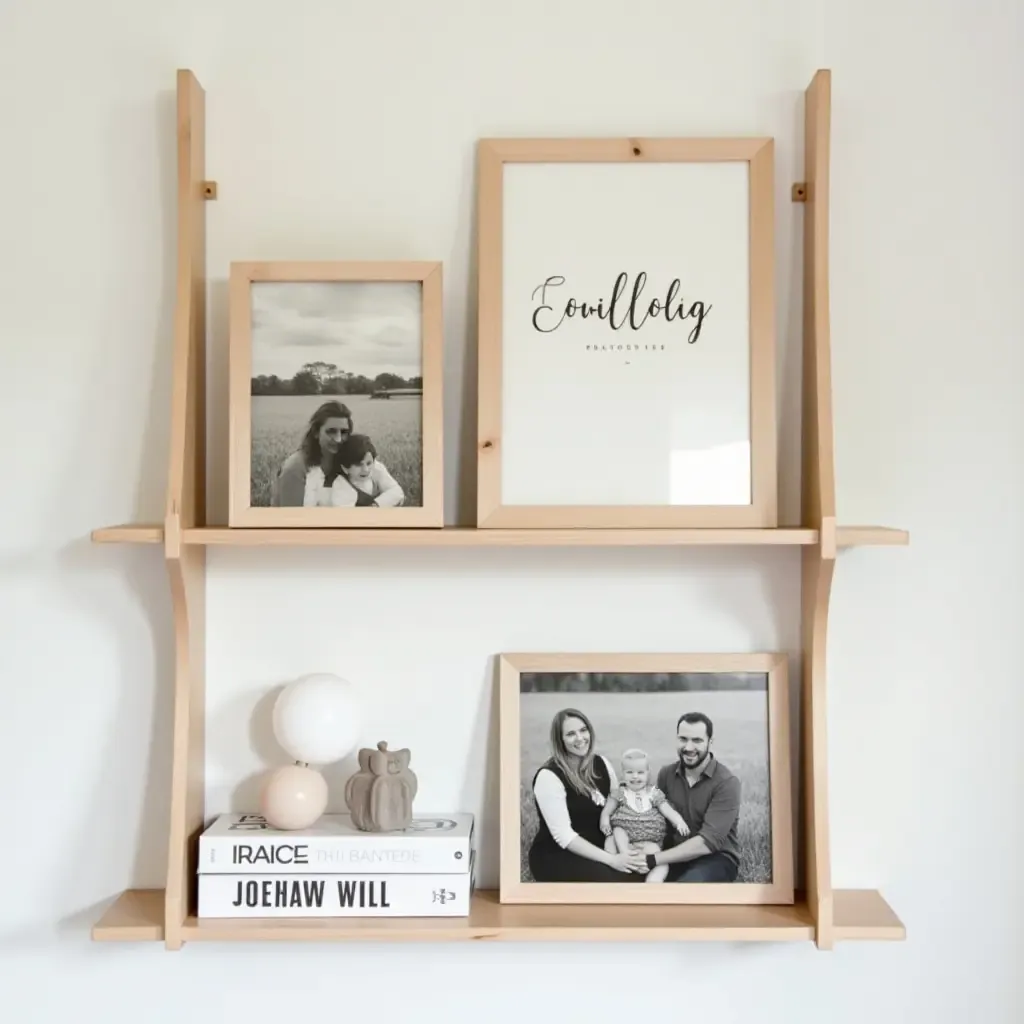 a photo of a nursery shelving unit featuring personalized name decor and family photos