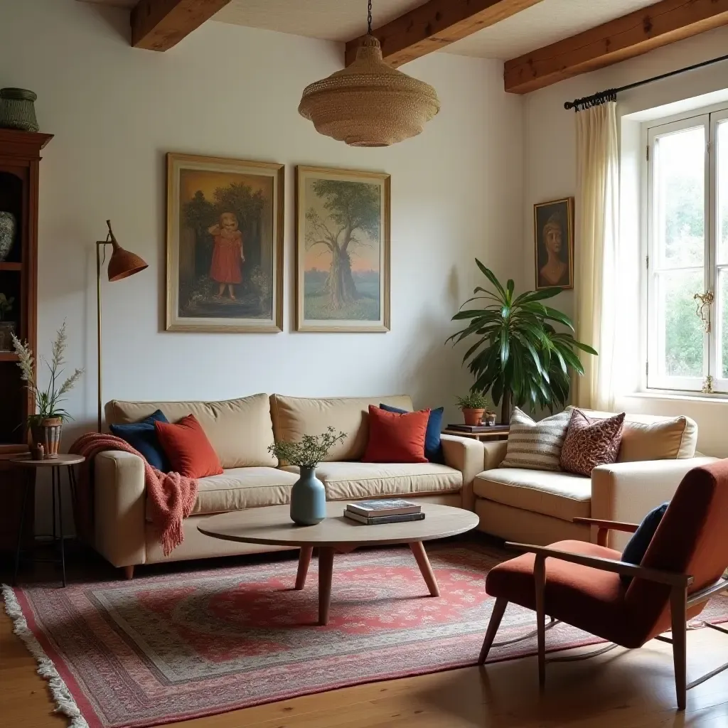 a photo of a bohemian living room with a mix of vintage and modern