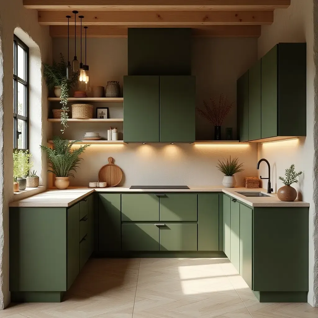 a photo of olive green and light wood cabinets in a rustic setting