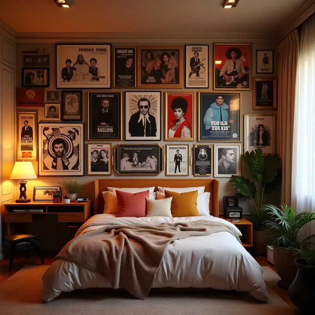 a photo of a retro bedroom with a gallery wall of 80s music memorabilia