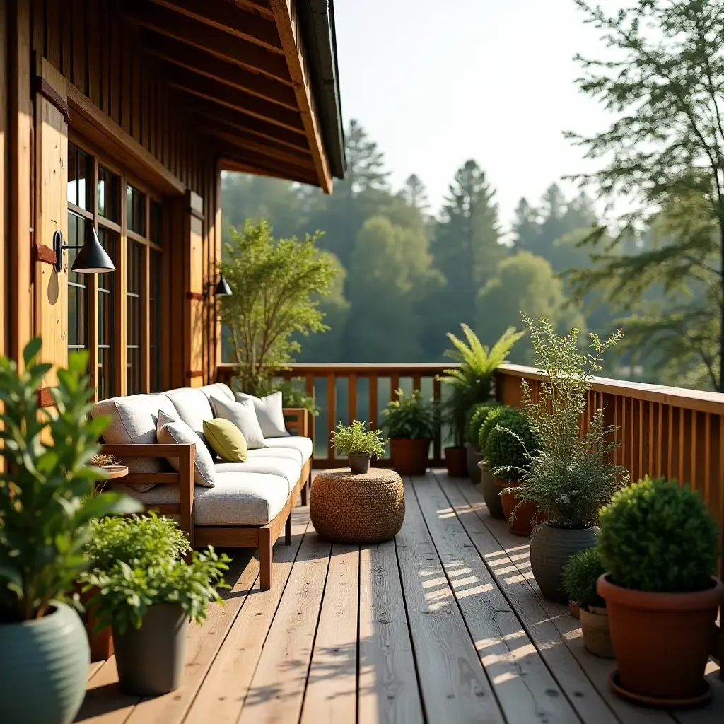 a photo of a wooden balcony with potted plants and cozy seating