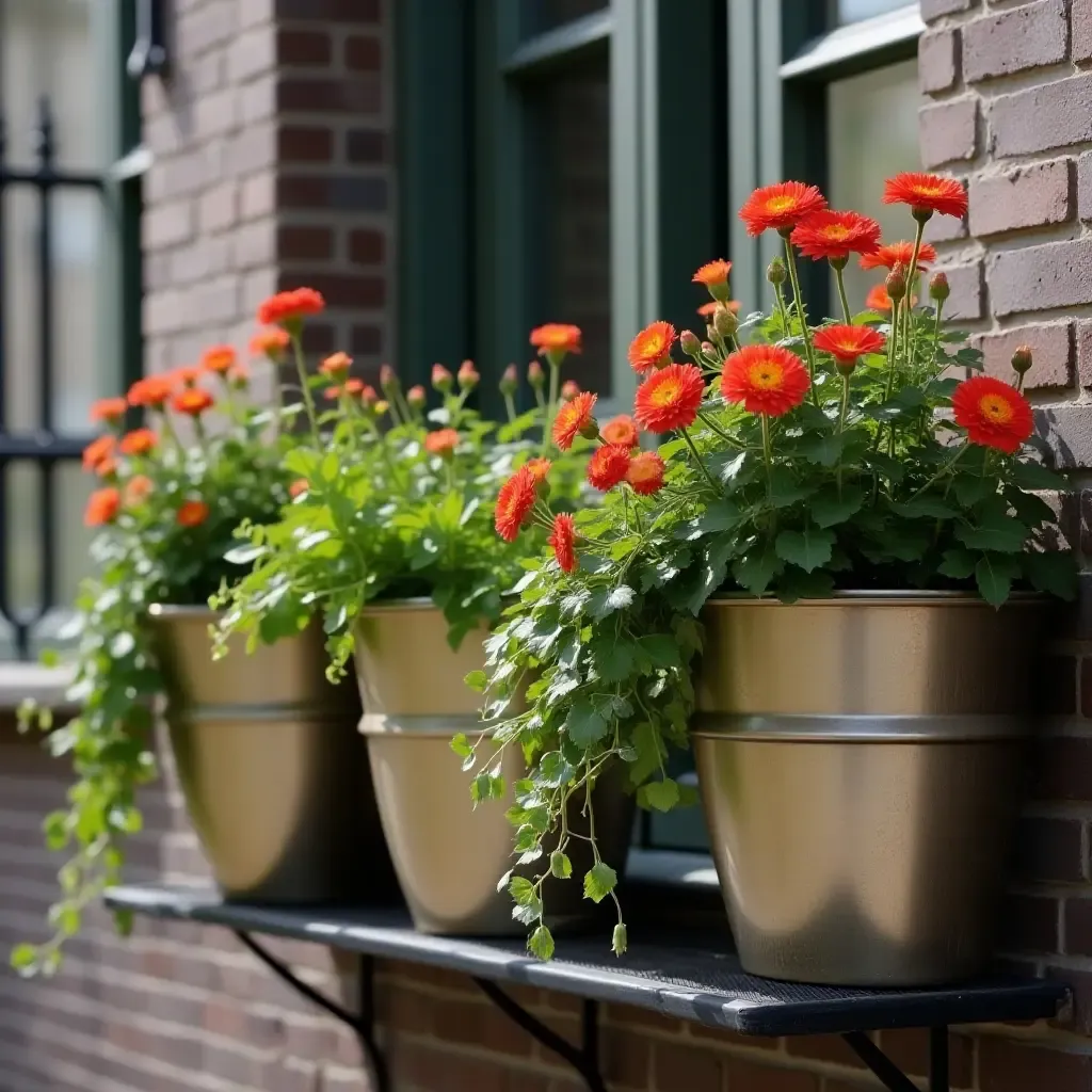 a photo of a balcony with metallic planters and elegant flowers