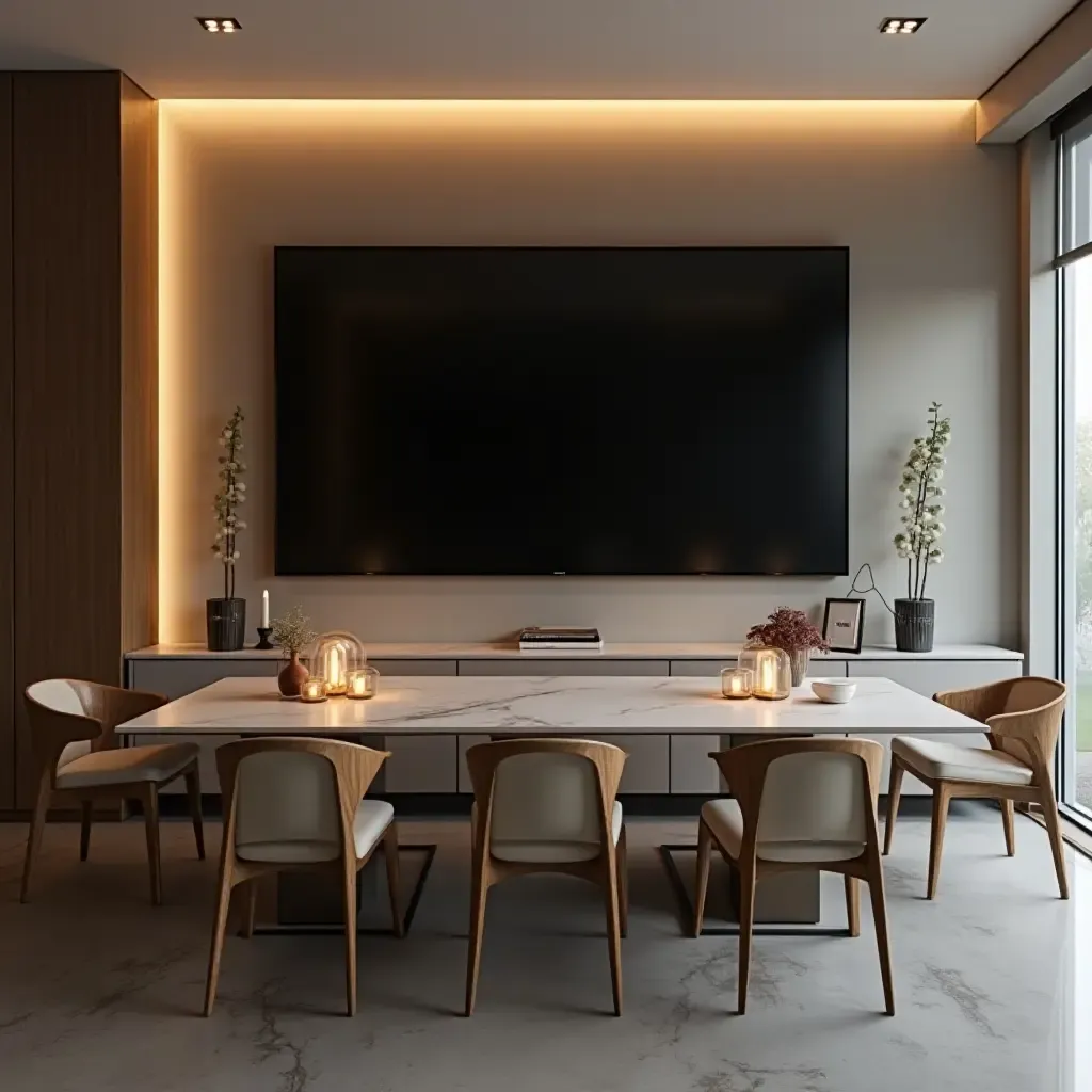 a photo of a sleek TV mounted above a modern dining table with elegant lighting