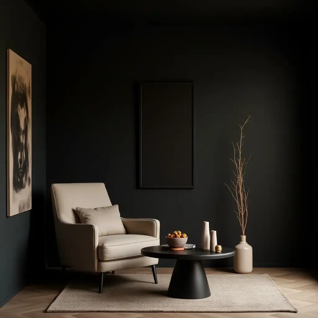 a photo of a stylish retreat featuring a dark color palette and elegant accessories