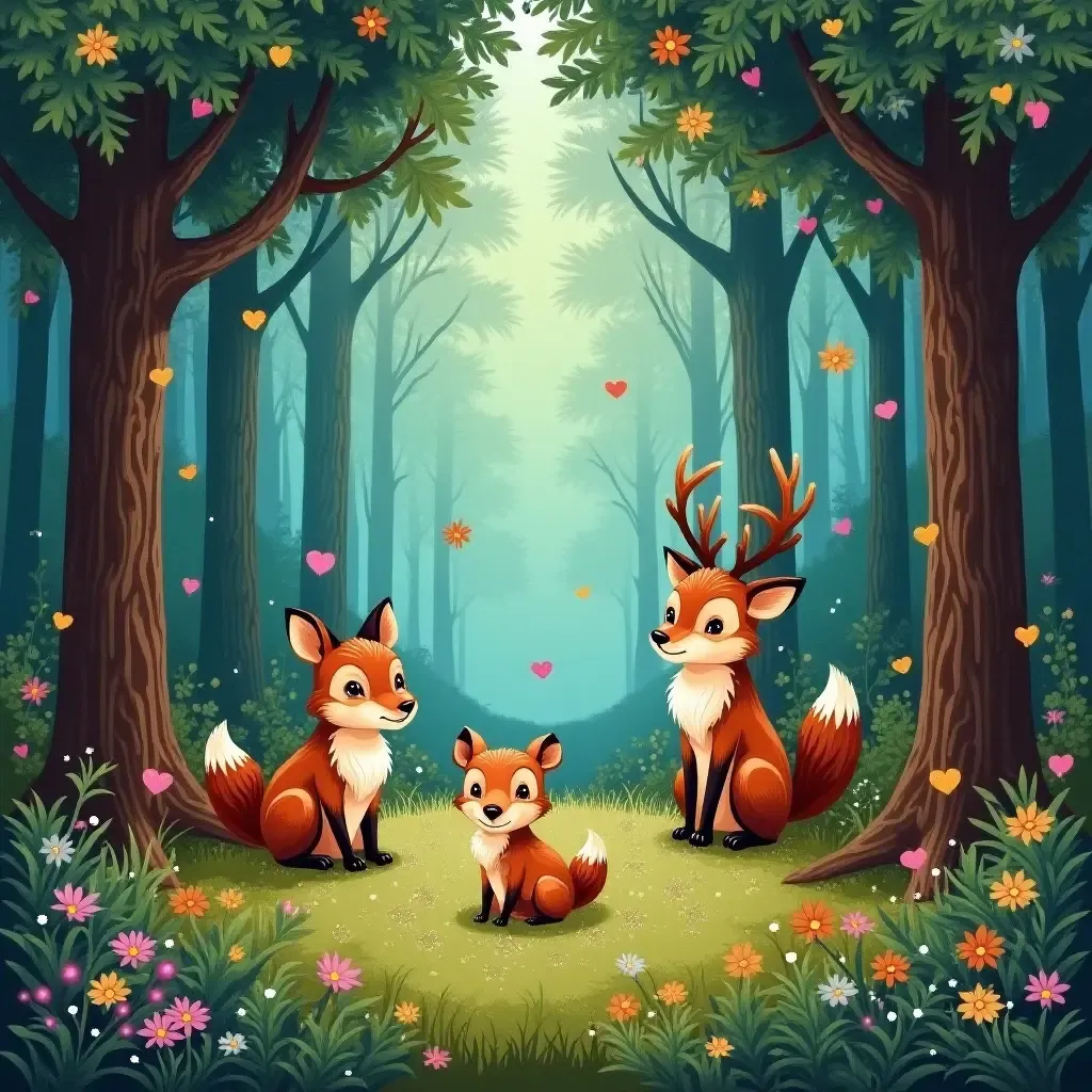 a photo of a magical forest rug with cute woodland creatures