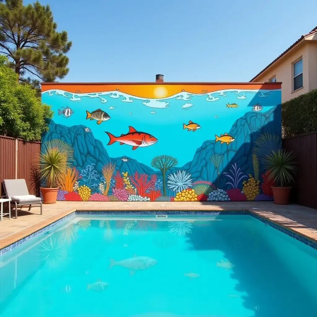 a photo of a vibrant mural depicting underwater scenes next to the pool