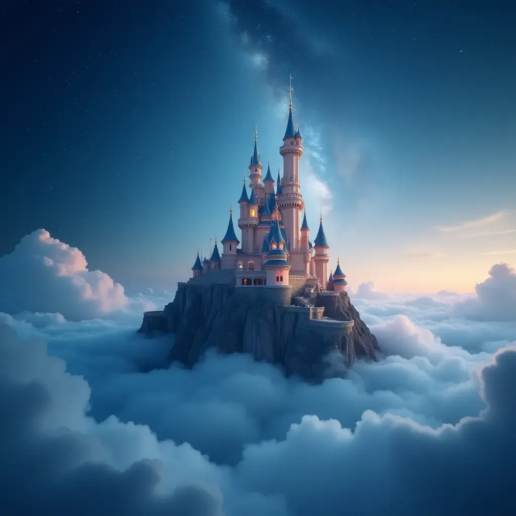 a photo of a magical castle surrounded by clouds and stars