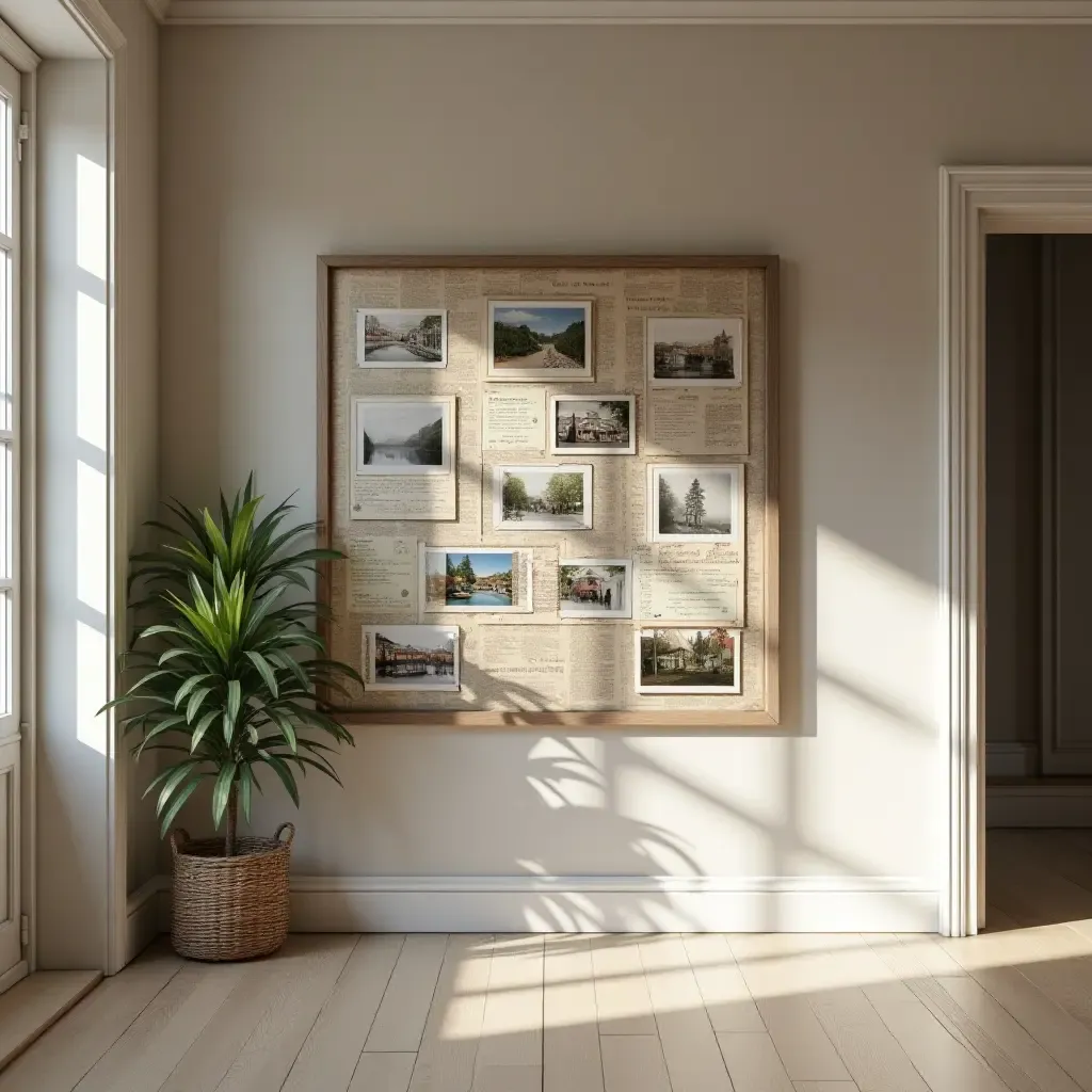 a photo of a nostalgic postcard display on a wall in an entrance hall