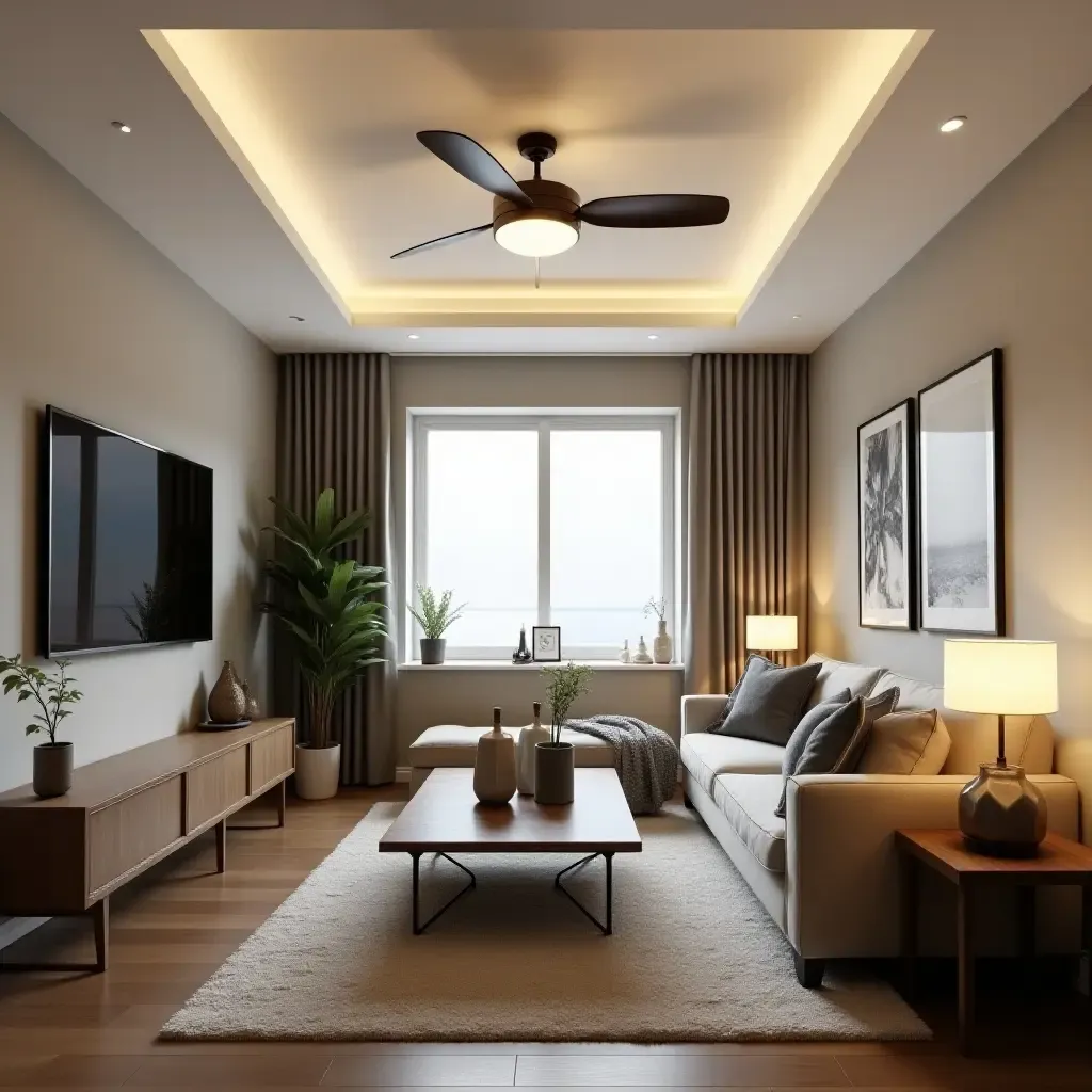 a photo of a small living room featuring a lighted ceiling fan