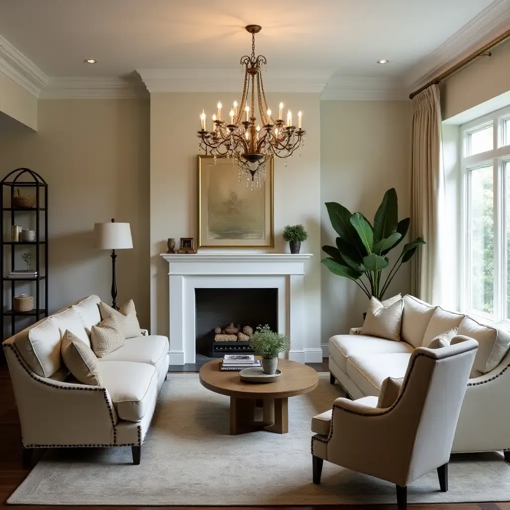 a photo of a colonial-style chandelier illuminating a beautifully arranged living room