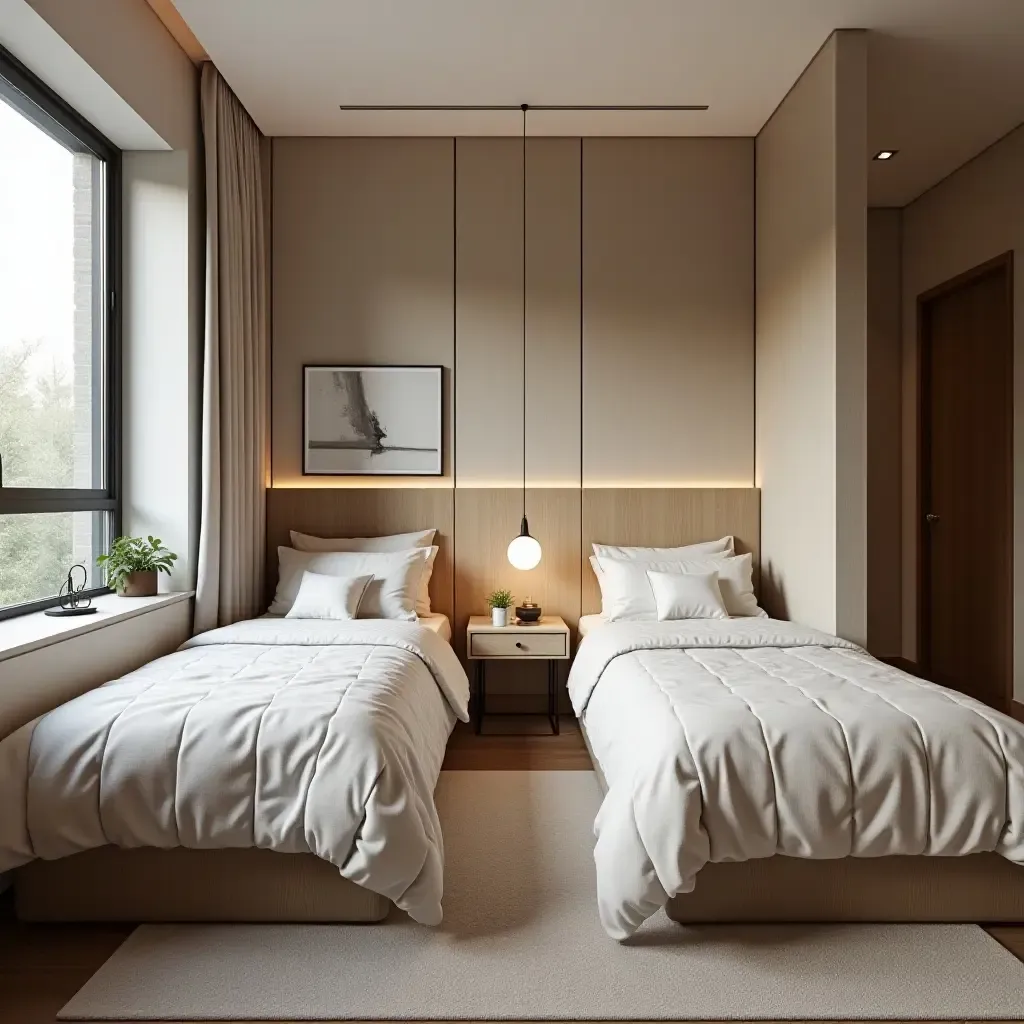 a photo of a shared bedroom with a modern aesthetic and clever organization tips