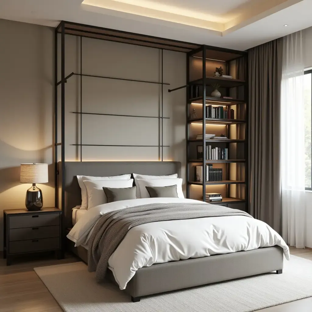 a photo of a stylish bedroom with a ladder bookshelf