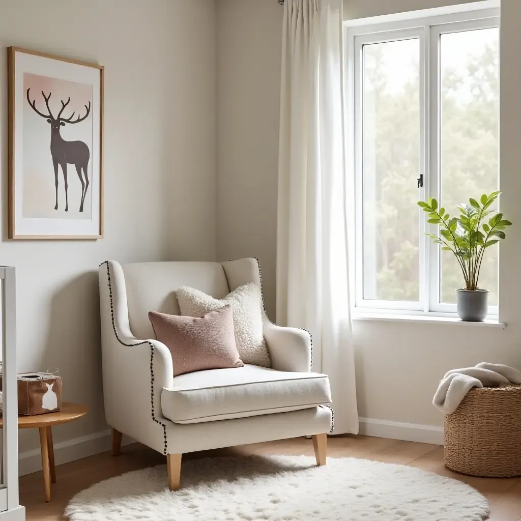 a photo of a nursery featuring a glamorous accent chair and decorative pillows