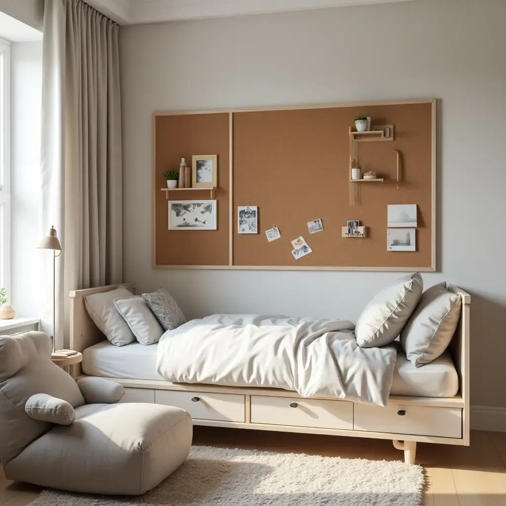 a photo of a modern teen bedroom with a corkboard organizer