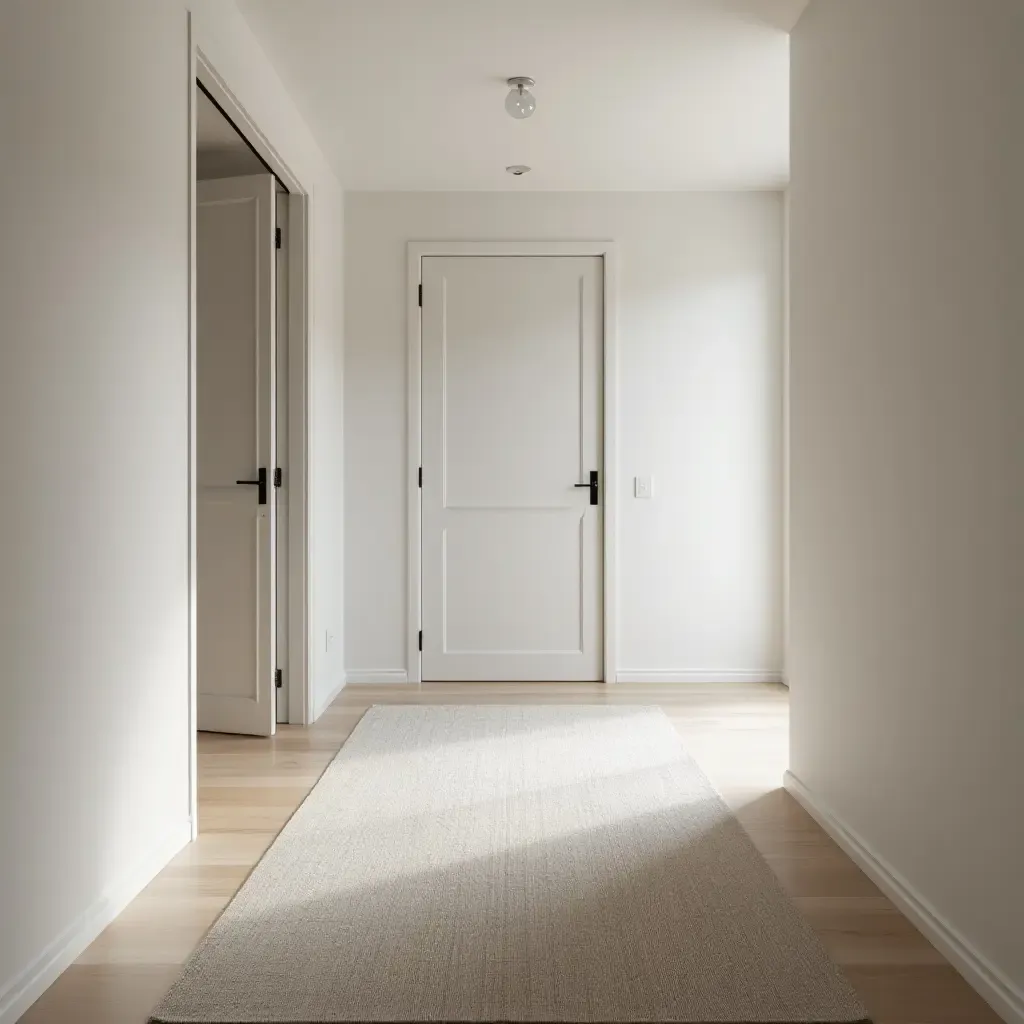 a photo of a minimalist Scandinavian rug in a sleek corridor