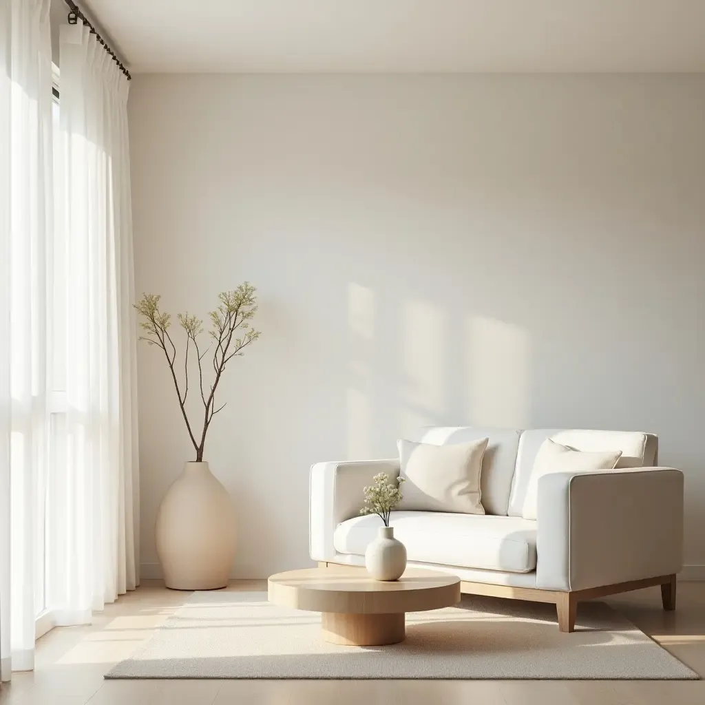 a photo of a serene living room with a minimalist design and a tranquil color scheme