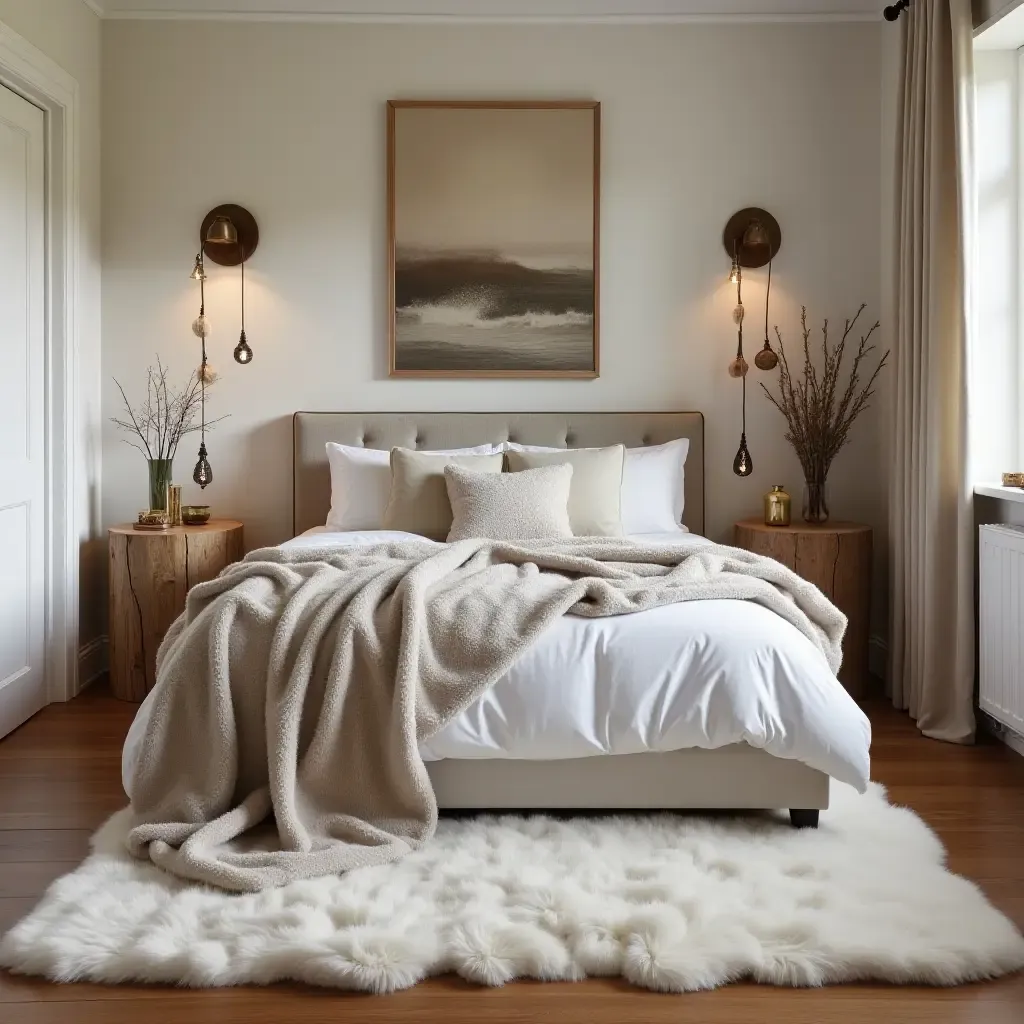 a photo of a cozy bedroom with a faux fur rug and tree stump side tables