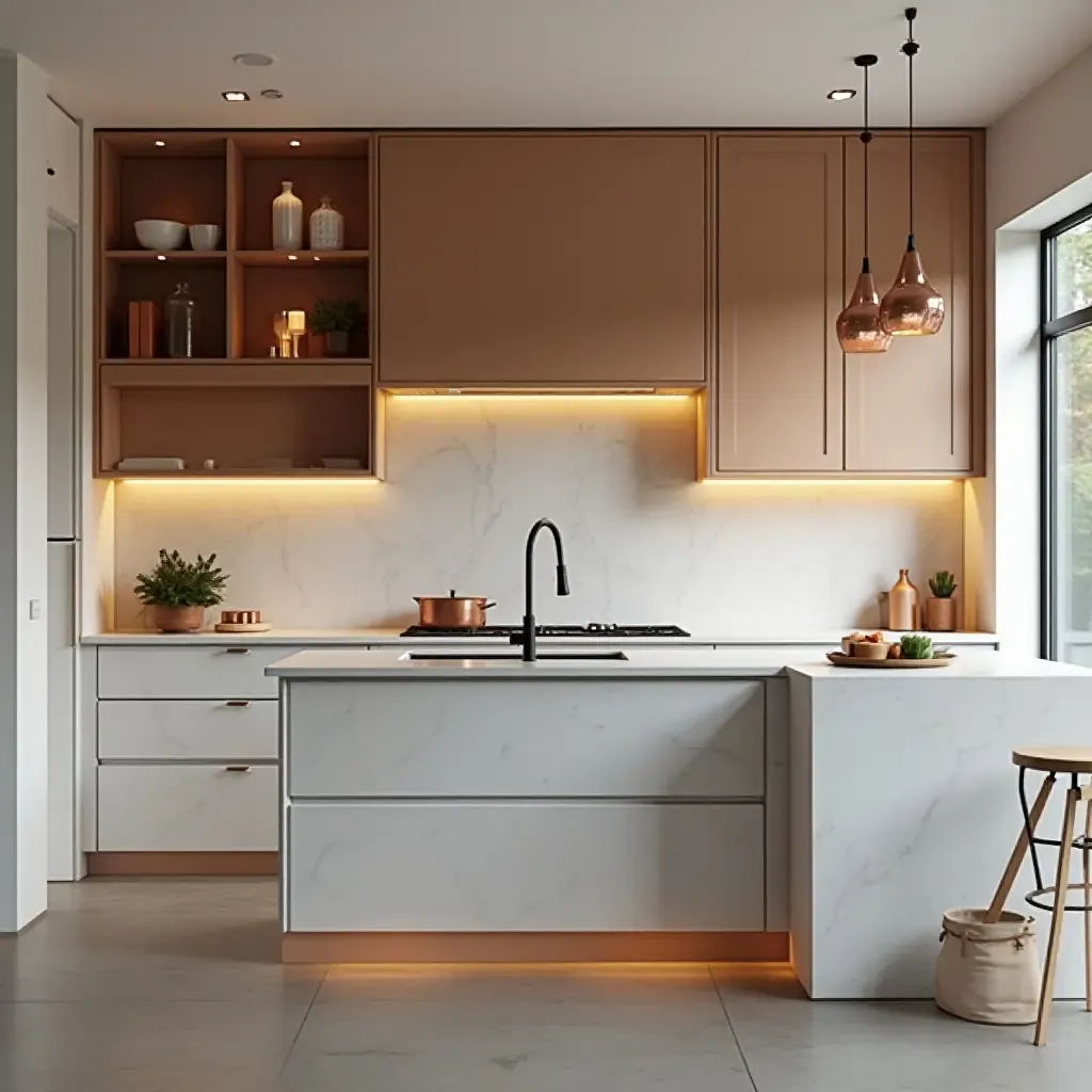 a photo of a modern kitchen with copper decor elements