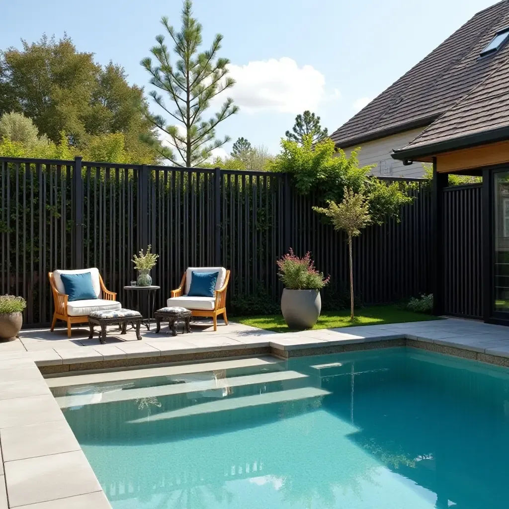 a photo of industrial-style fencing enclosing a stylish pool area