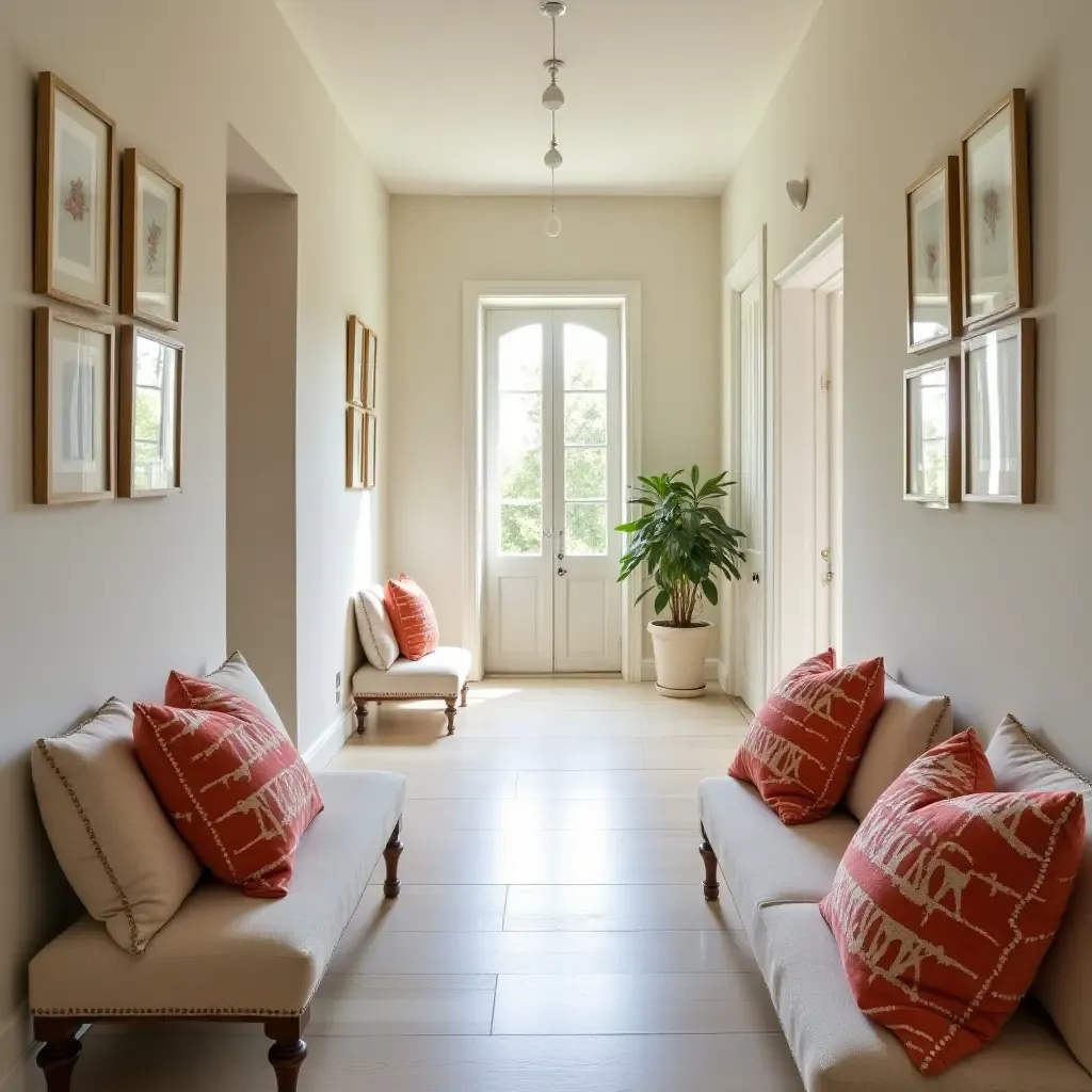 a photo of a bright corridor with whimsical throw pillows adding character