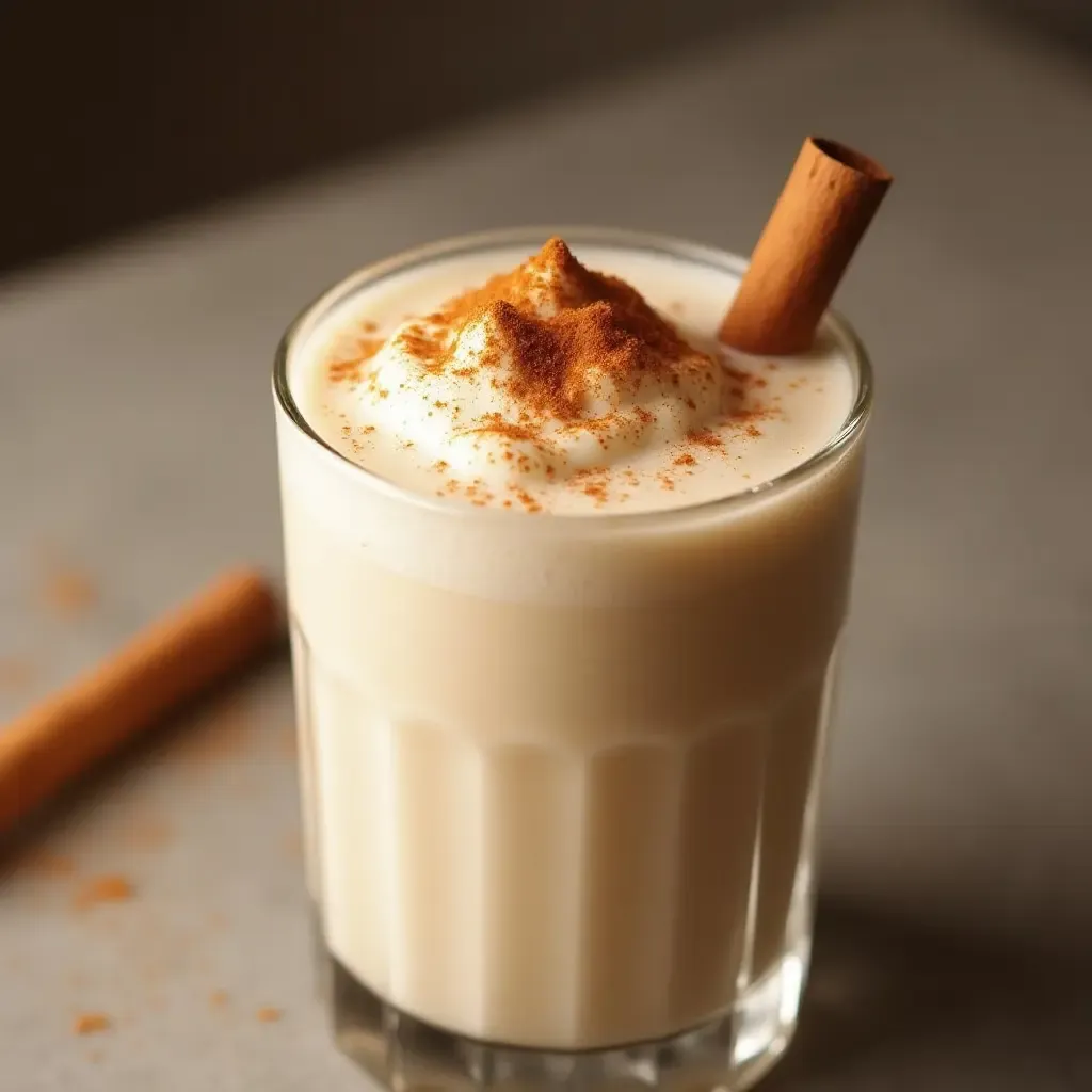 a photo of a chilled glass of horchata with cinnamon sprinkled on top.